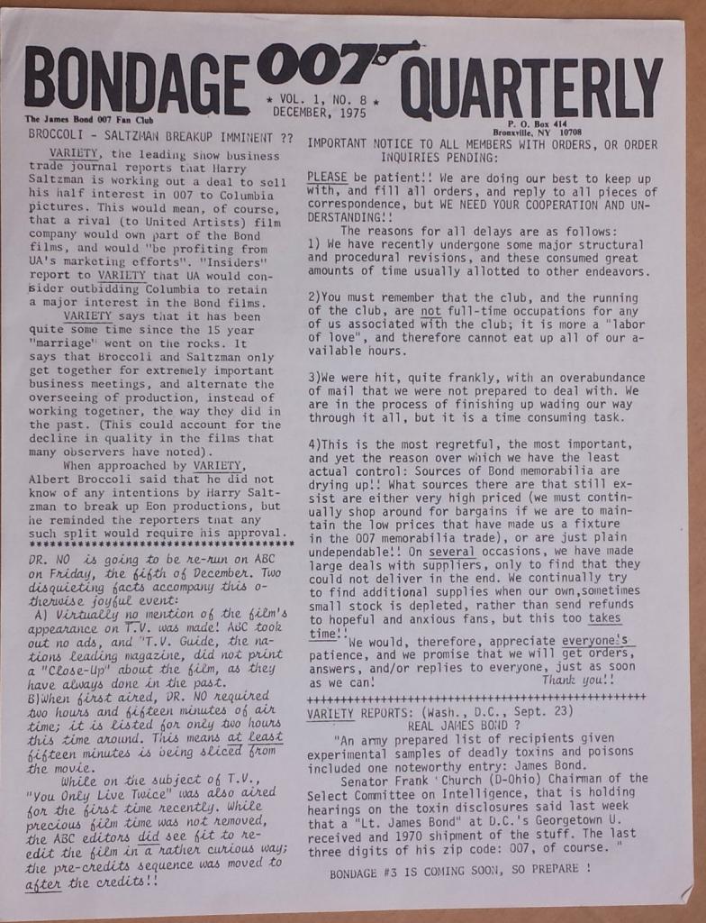 BONDAGE QUARTERLY magazine side cover Issue 1 Vol 1 #8 December 1975